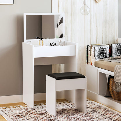 Modern vanity table with flip top mirror and cushioned stool