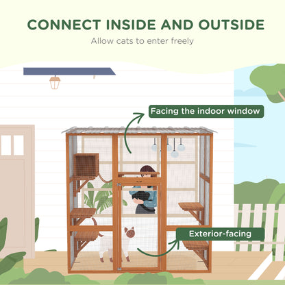 Multi-level outdoor cat enclosure with transparent roof