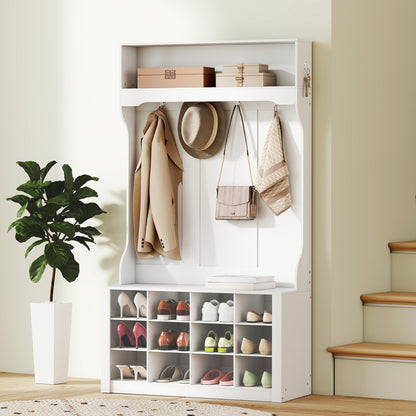 4-in-1 Hall Tree with Bench and 12 Shoe Cubbies