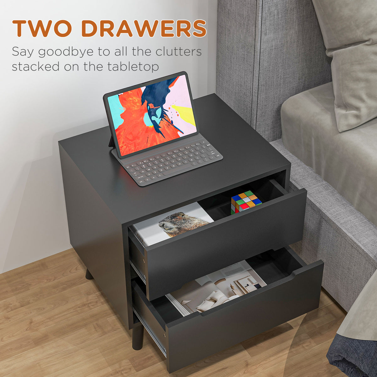 Modern 2-Drawer Nightstand with Wood Legs