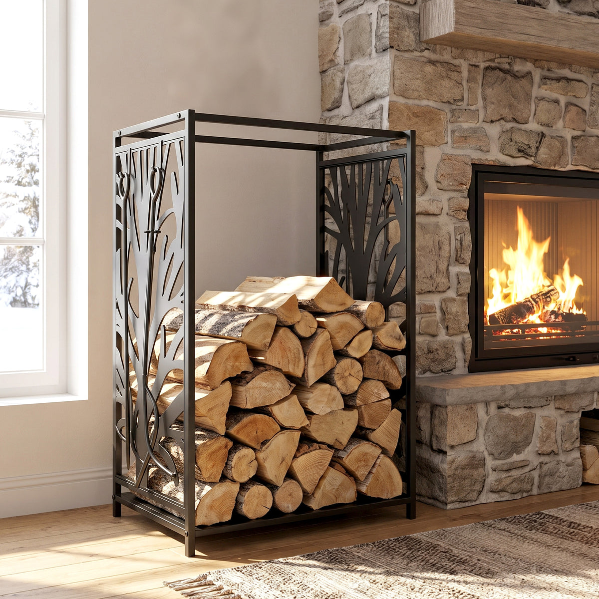 Firewood rack for fireplace with 4 tools 46 x 30 x 70 cm