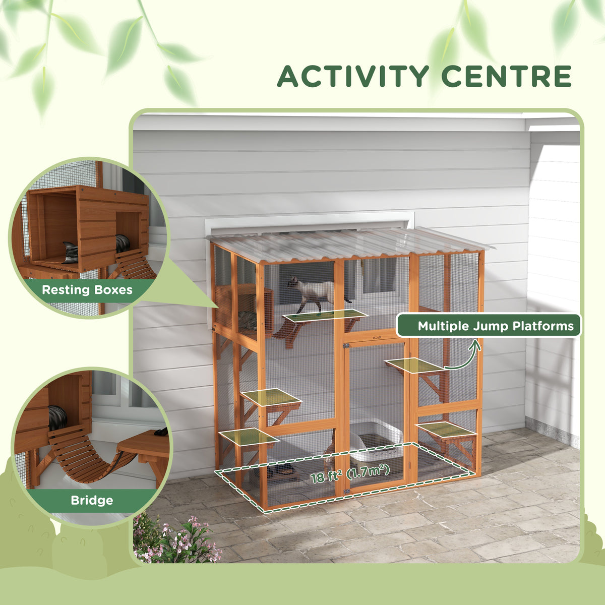 Multi-level outdoor cat enclosure with transparent roof