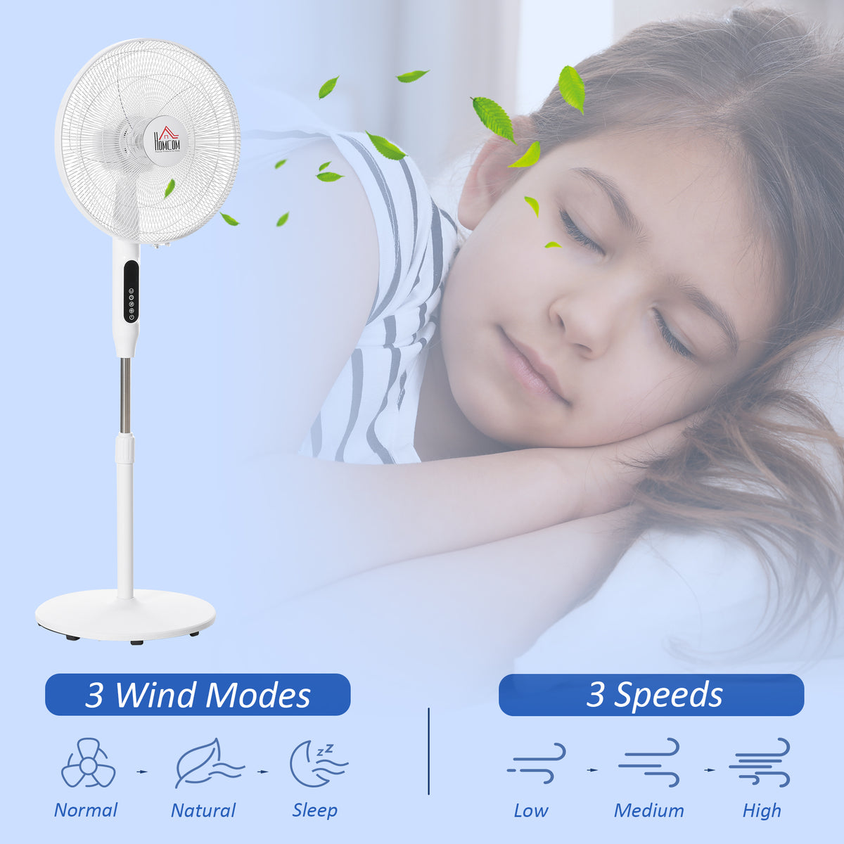 Standing floor fan with remote control adjustable height