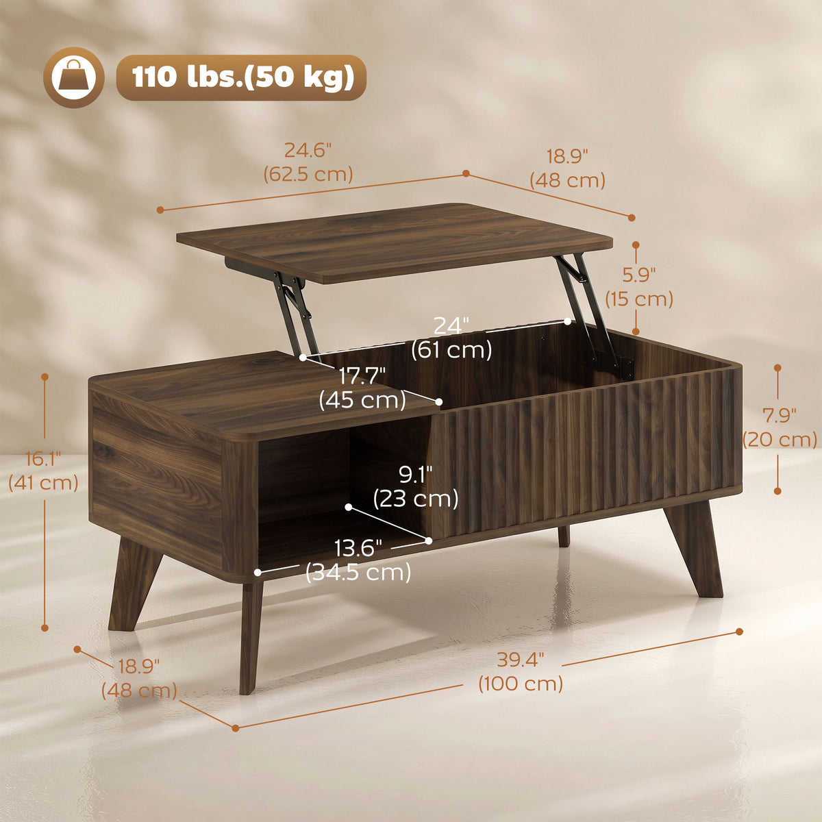 102 cm Fluted Lift Top Coffee Table