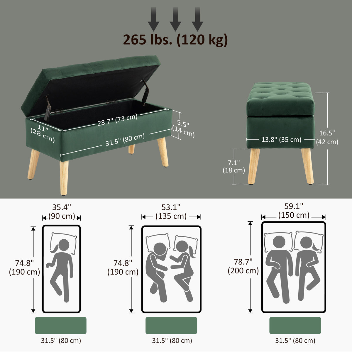 Velvet Storage Ottoman Bench with Wood Legs