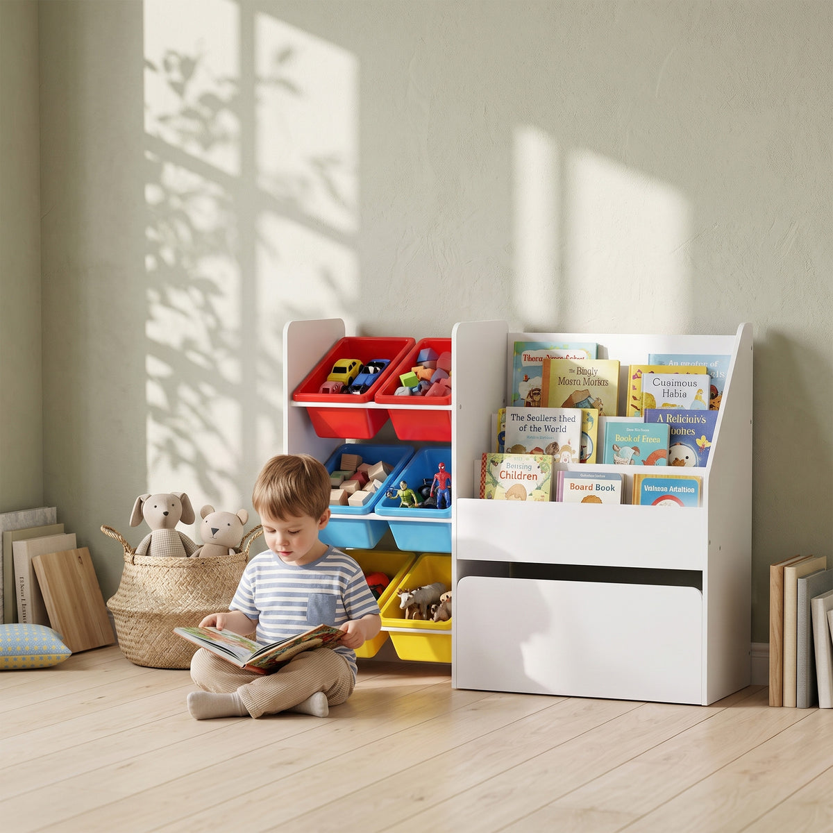 Biblioteca infantil y organizador de juguetes con cajones
