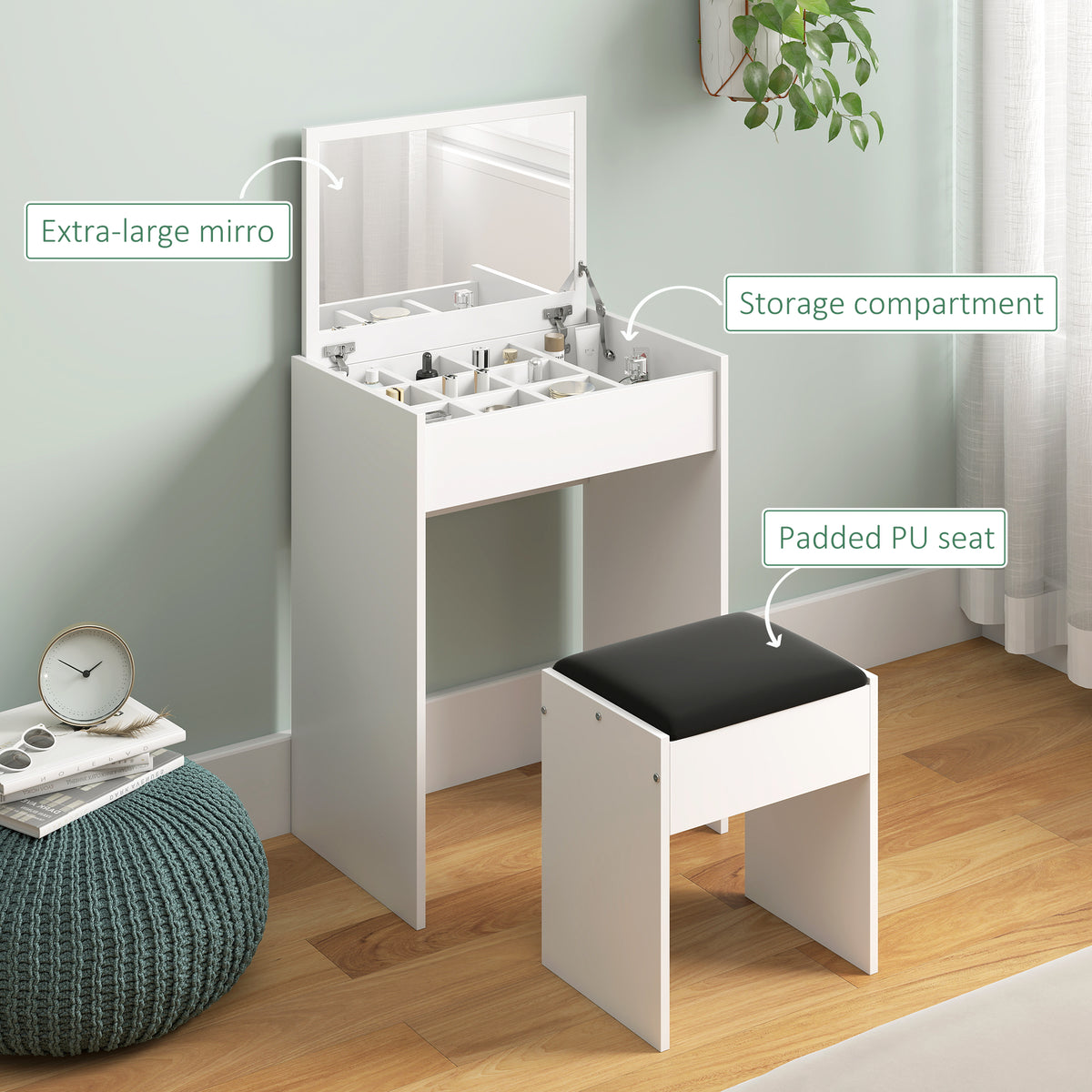 Modern vanity table with flip top mirror and cushioned stool