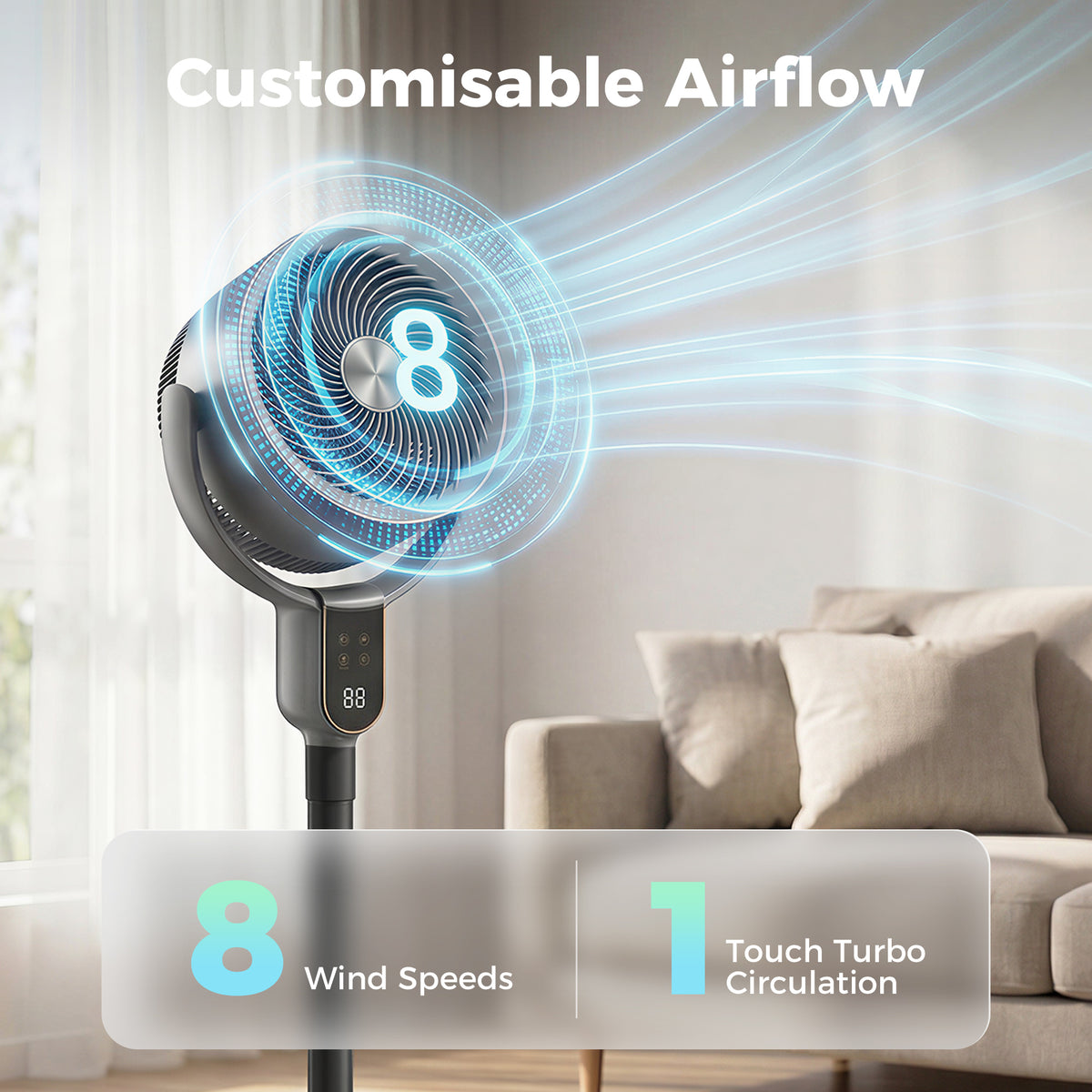 Ventilador de pie silencioso de 8 velocidades con aromaterapia