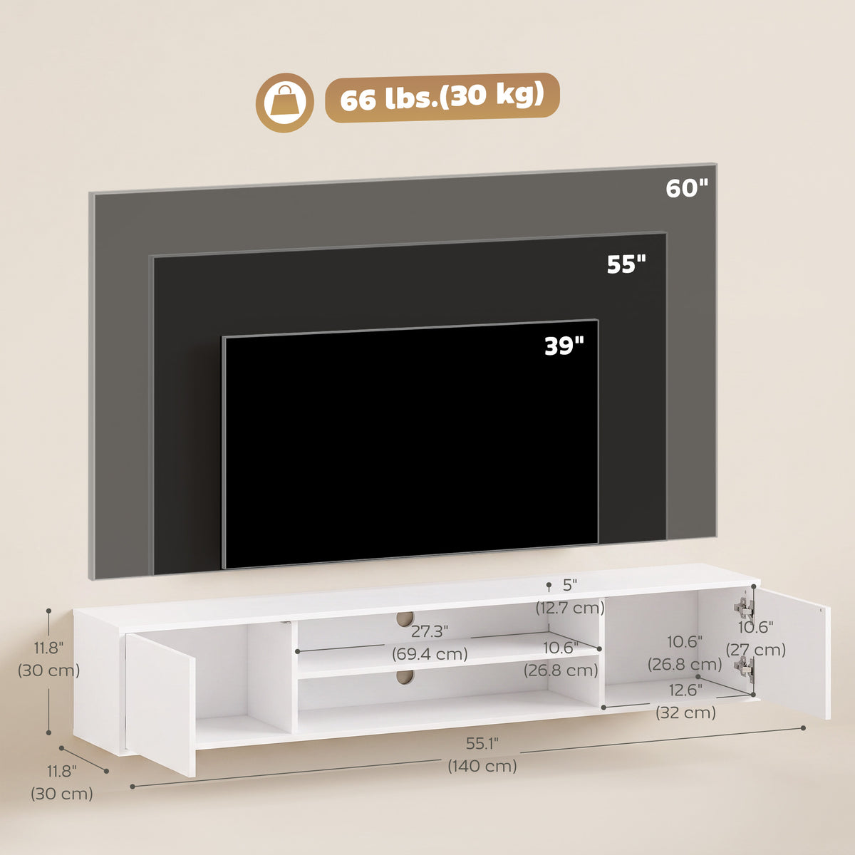 Mueble de TV flotante de pared para televisores de hasta 152 cm