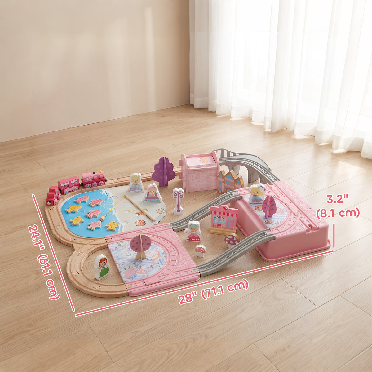 Set de vías de madera de castillo de princesa — Lote de 58