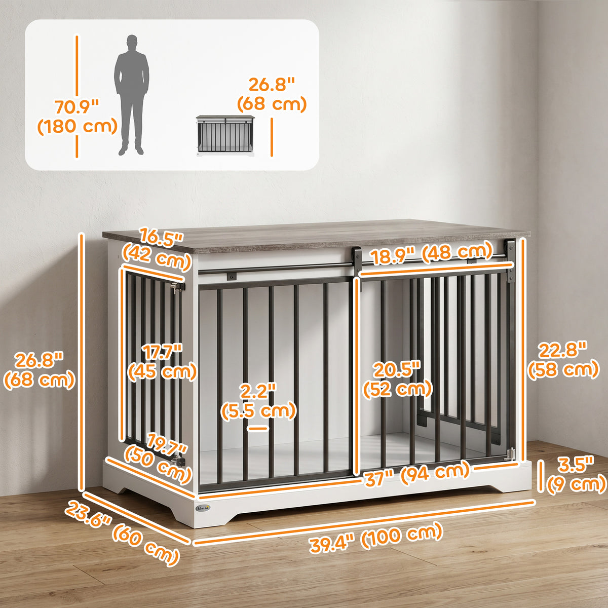 Dog crate furniture with sliding barn door