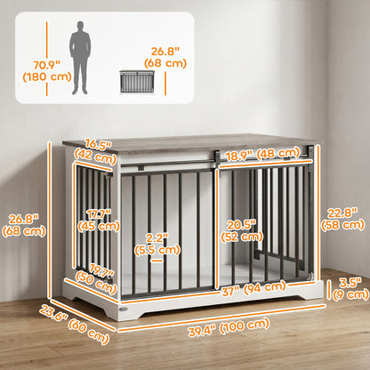 Dog crate furniture with sliding barn door