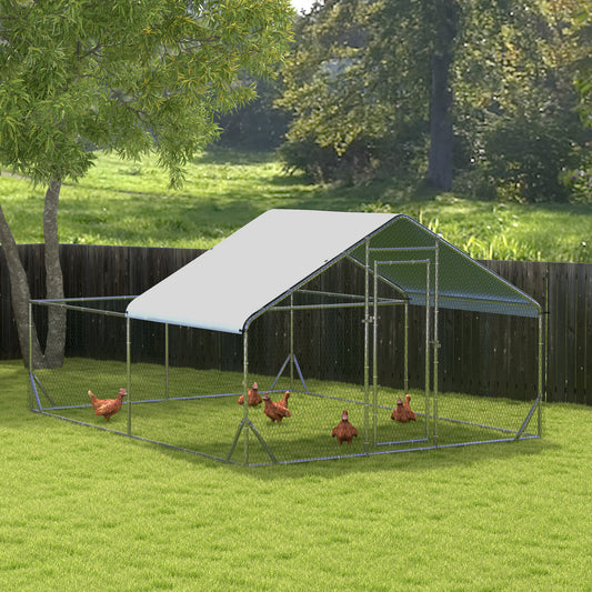 Large metal outdoor chicken coop with run and tarp