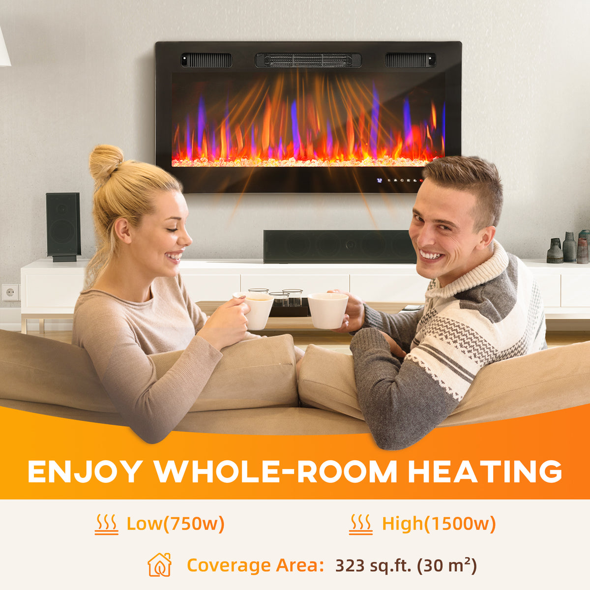 36" Thin Electric Fireplace Wall-Mounted — Black