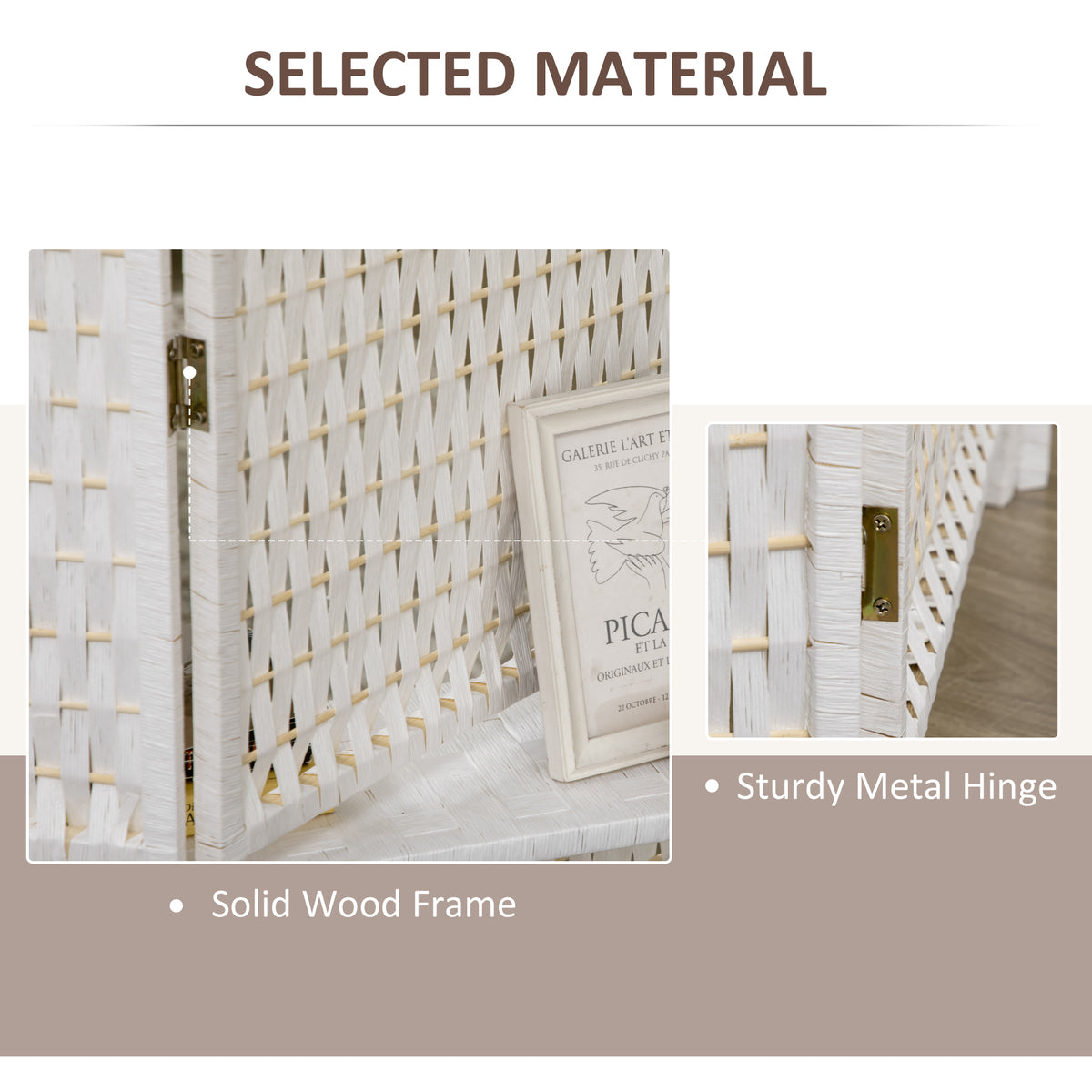 4-Panel Folding Room Divider with Shelves and Wood Frame