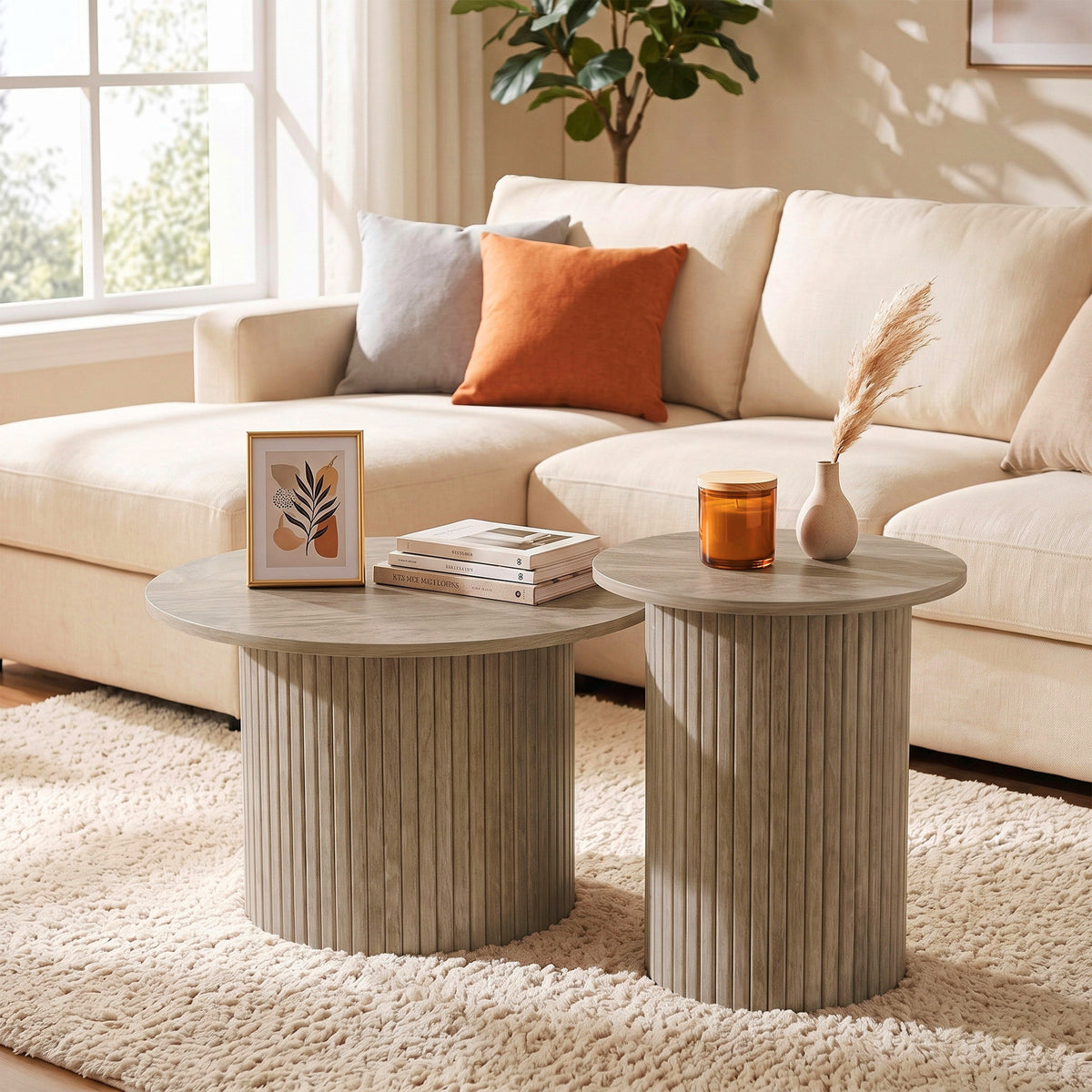 Round nesting coffee table weathered wood — Set of 2