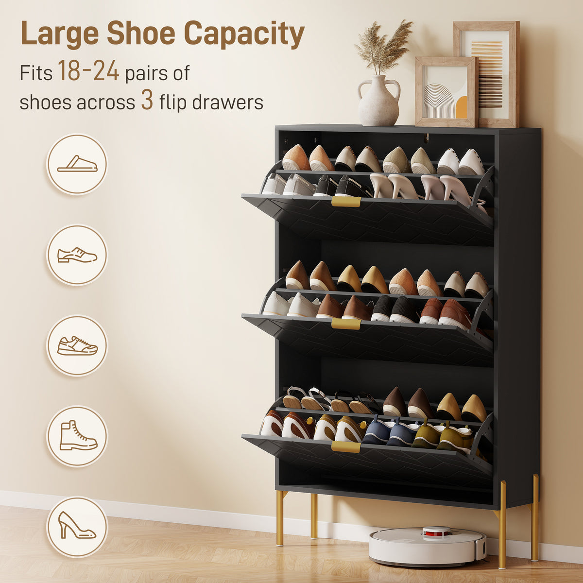 Shoe Cabinet 3 Flip Drawers 18–24 Pairs Storage