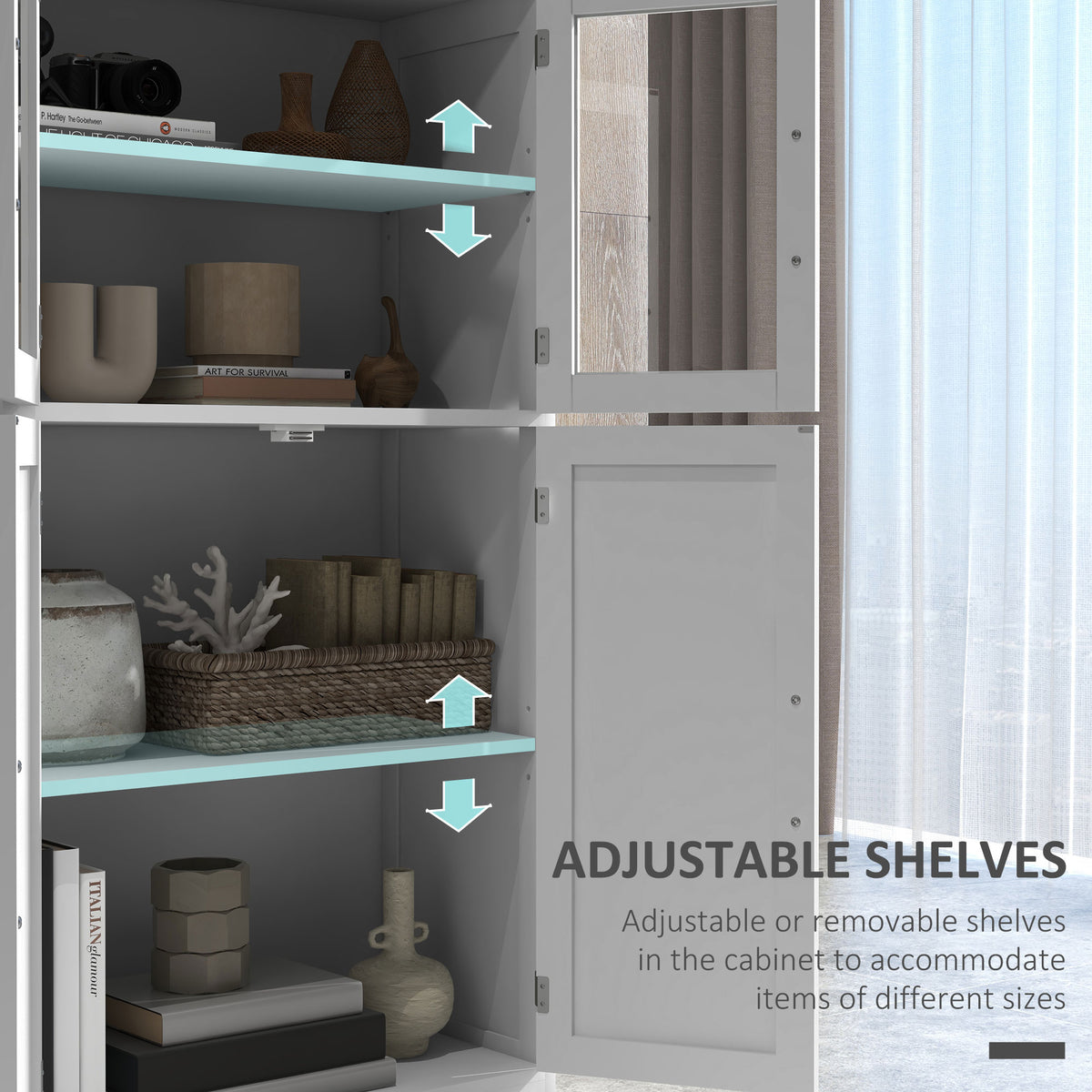 Modern kitchen sideboard with glass doors and shelves