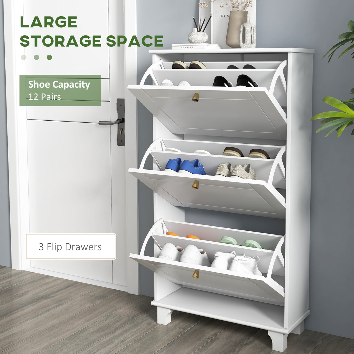 Narrow Shoe Storage Cabinet with 3 Flip Drawers