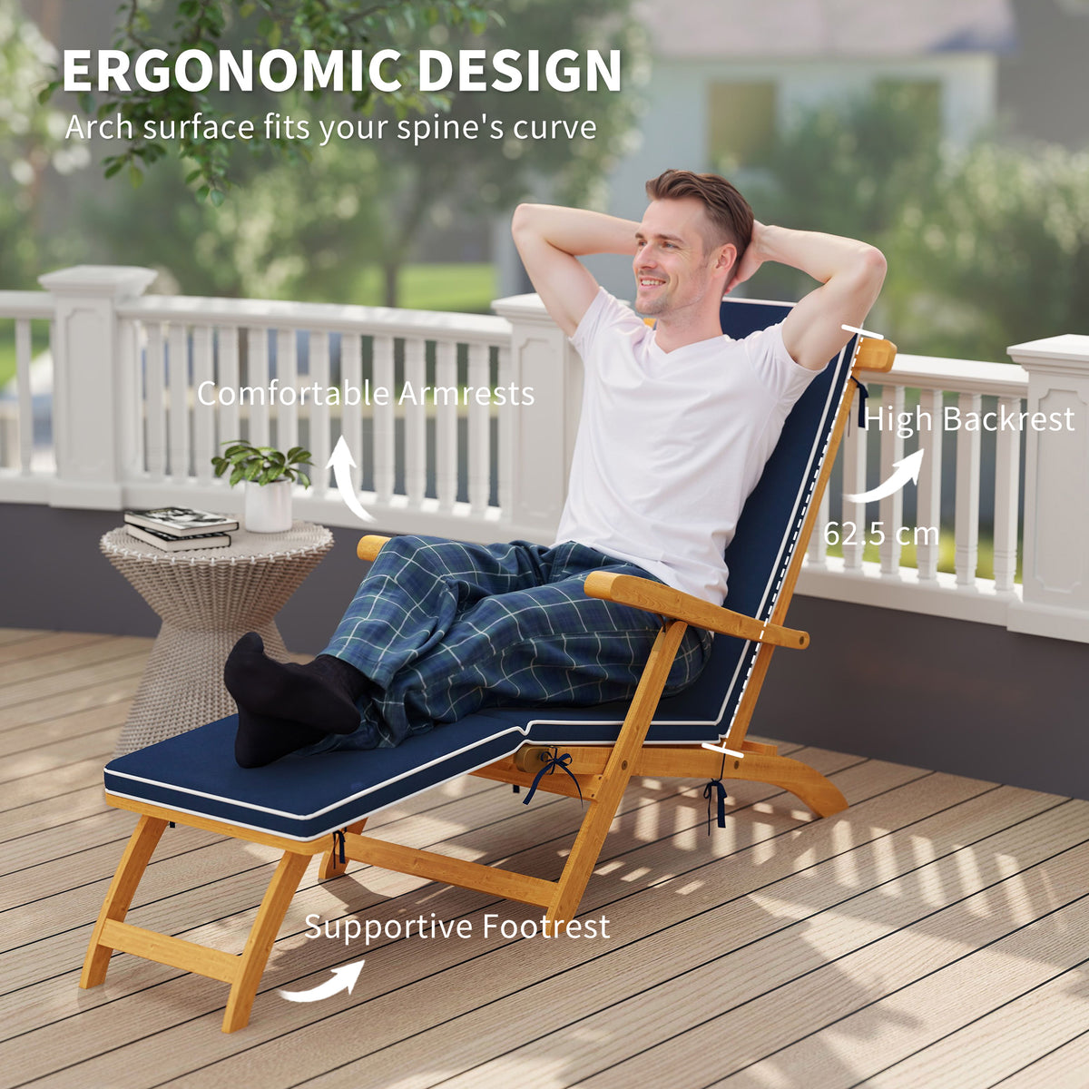 Folding Acacia Wood Patio Lounge Chair with Footrest