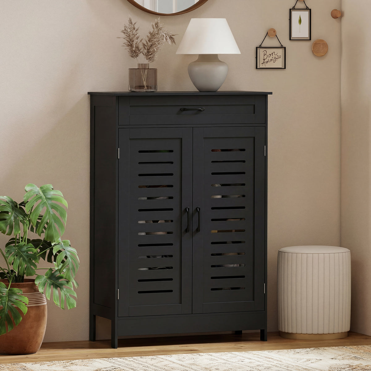Shoe Cabinet with Louvered Doors and Drawer