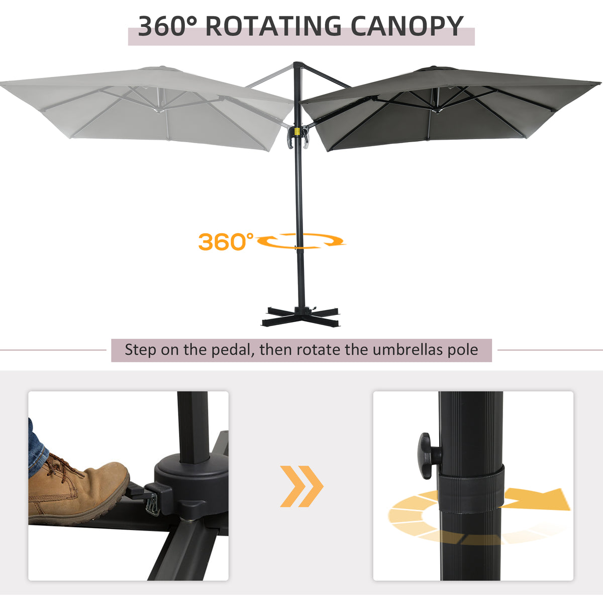 Sombrilla excentrada cuadrada de 245 cm con rotación de 360 grados