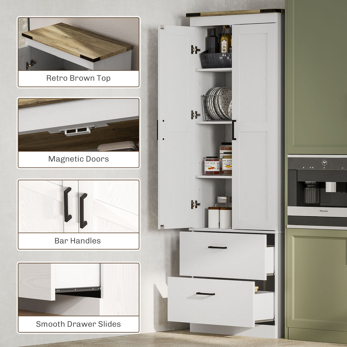 Armario despensa 170 cm Puertas magnéticas Cajones