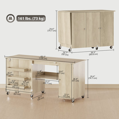 Folding Sewing Machine Table with Doors — Wood
