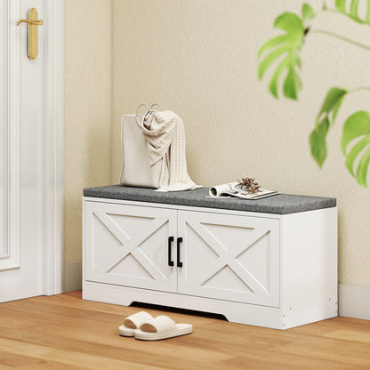 Shoe storage bench with cushion and doors