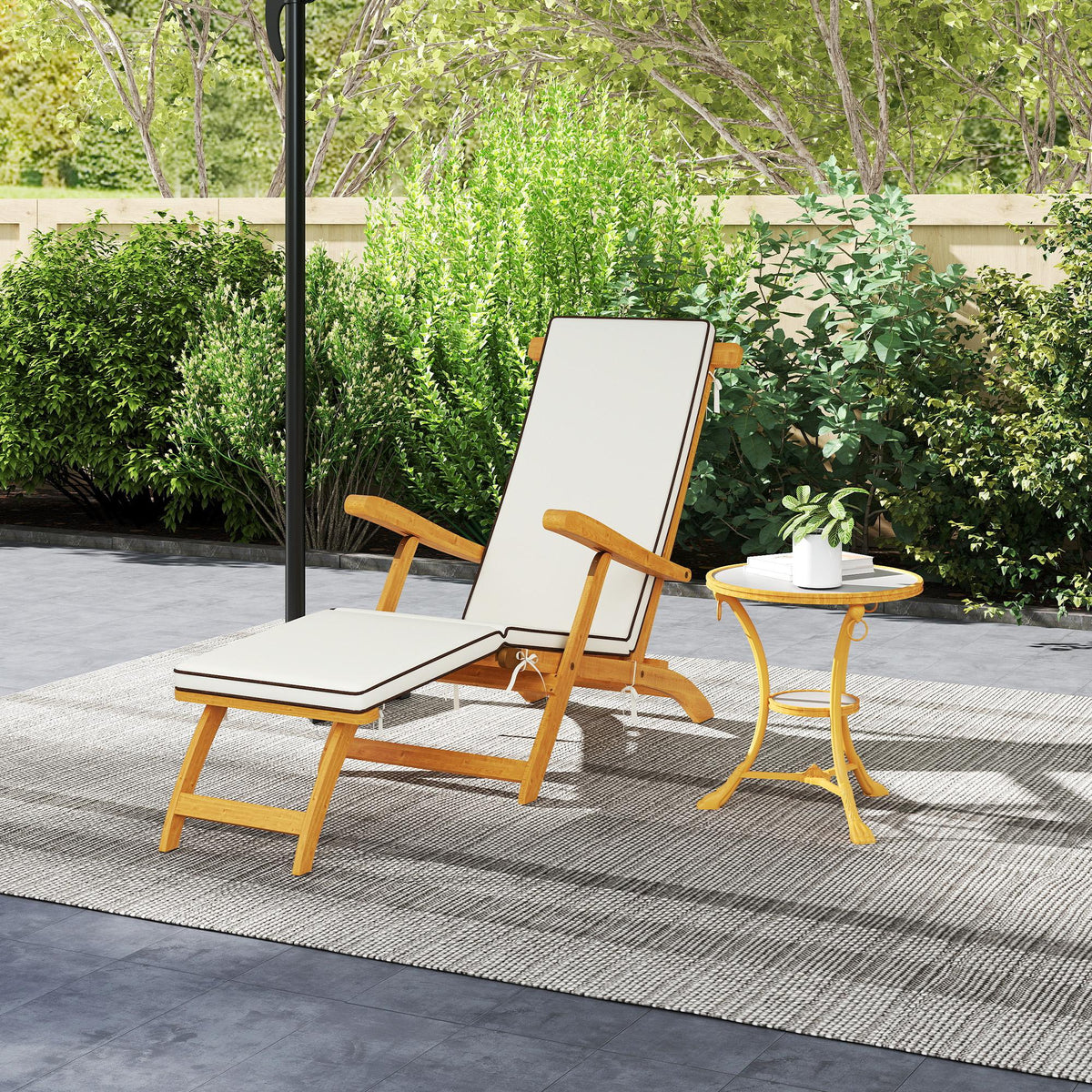 Folding Acacia Wood Patio Lounge Chair with Footrest