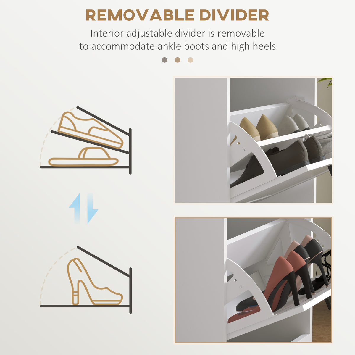 Narrow shoe cabinet with three flip drawers