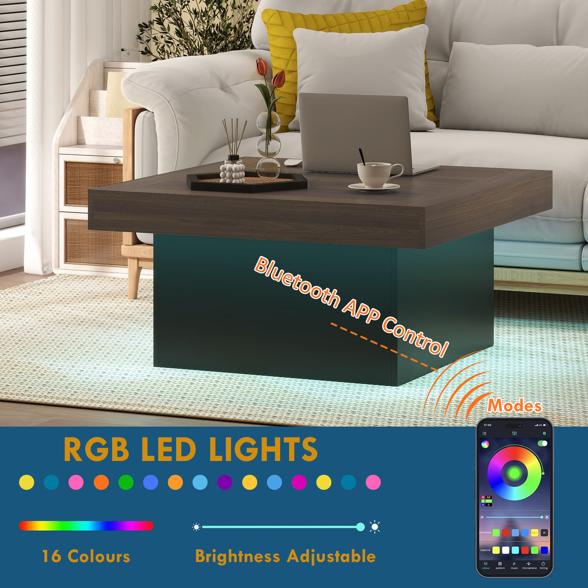 Square Coffee Table with 16-Colour LED Lights