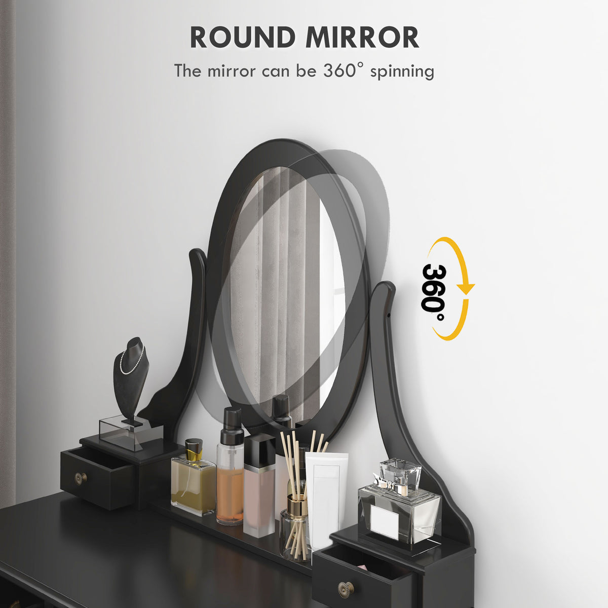 Vanity desk with stool rotating mirror 360° 5 drawers