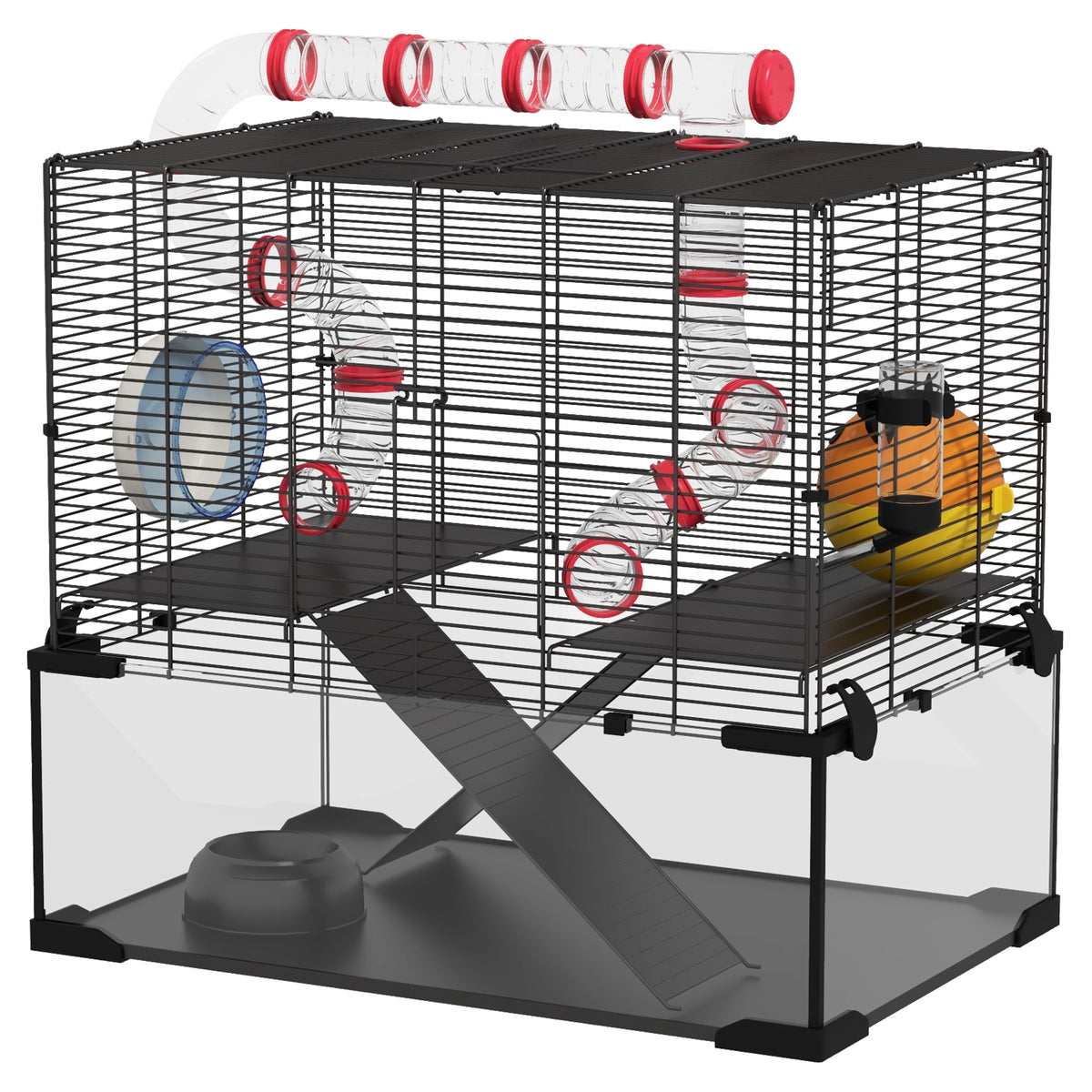 Multi-tier hamster cage with glass bottom