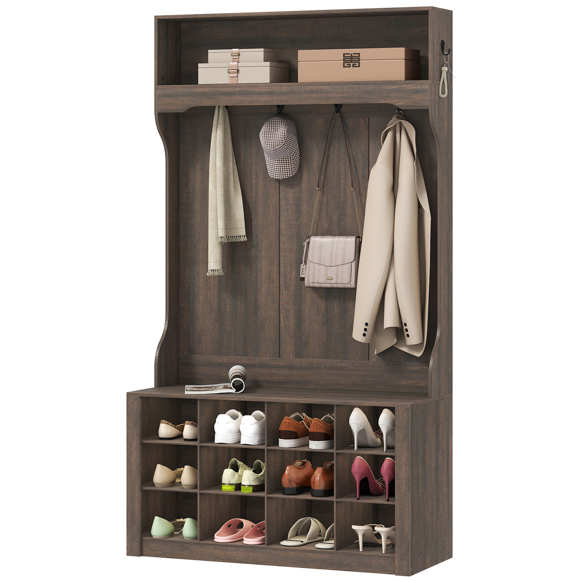 4-in-1 Hall Tree with Bench and 12 Shoe Cubbies