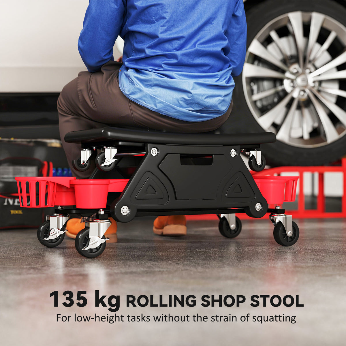 Rolling garage stool with wheels and tool trays