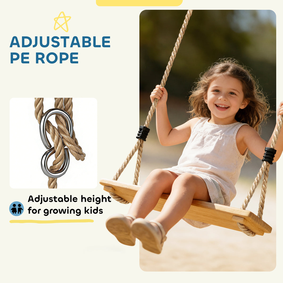 Wooden Swing Seat with Adjustable Ropes for Kids