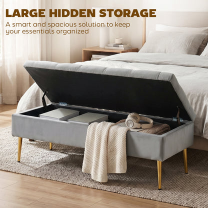 Tufted Velvet Storage Bench with Gold Metal Legs