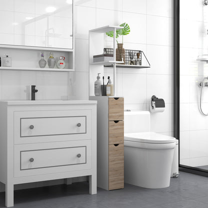 Tall narrow bathroom storage cabinet in wood