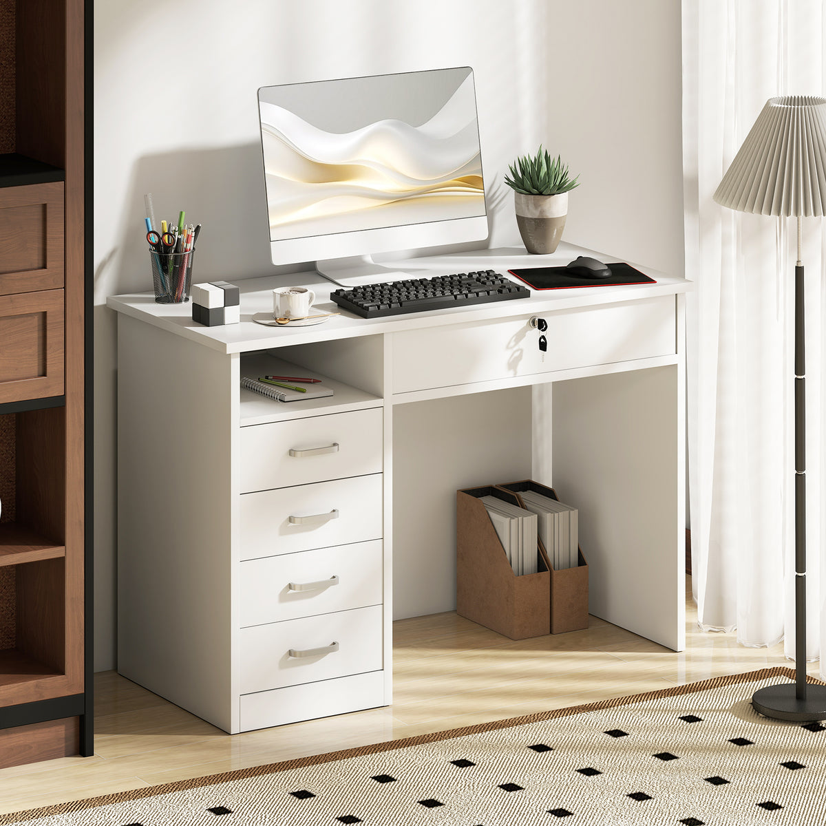Computer Desk with Lockable Drawer and Storage