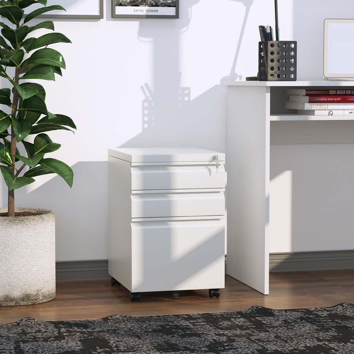 Mobile filing cabinet 3 drawer lockable steel