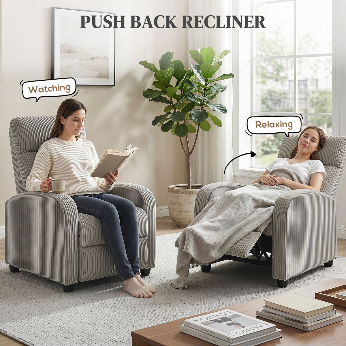 Manual Push-Back Recliner Chair in Corduroy
