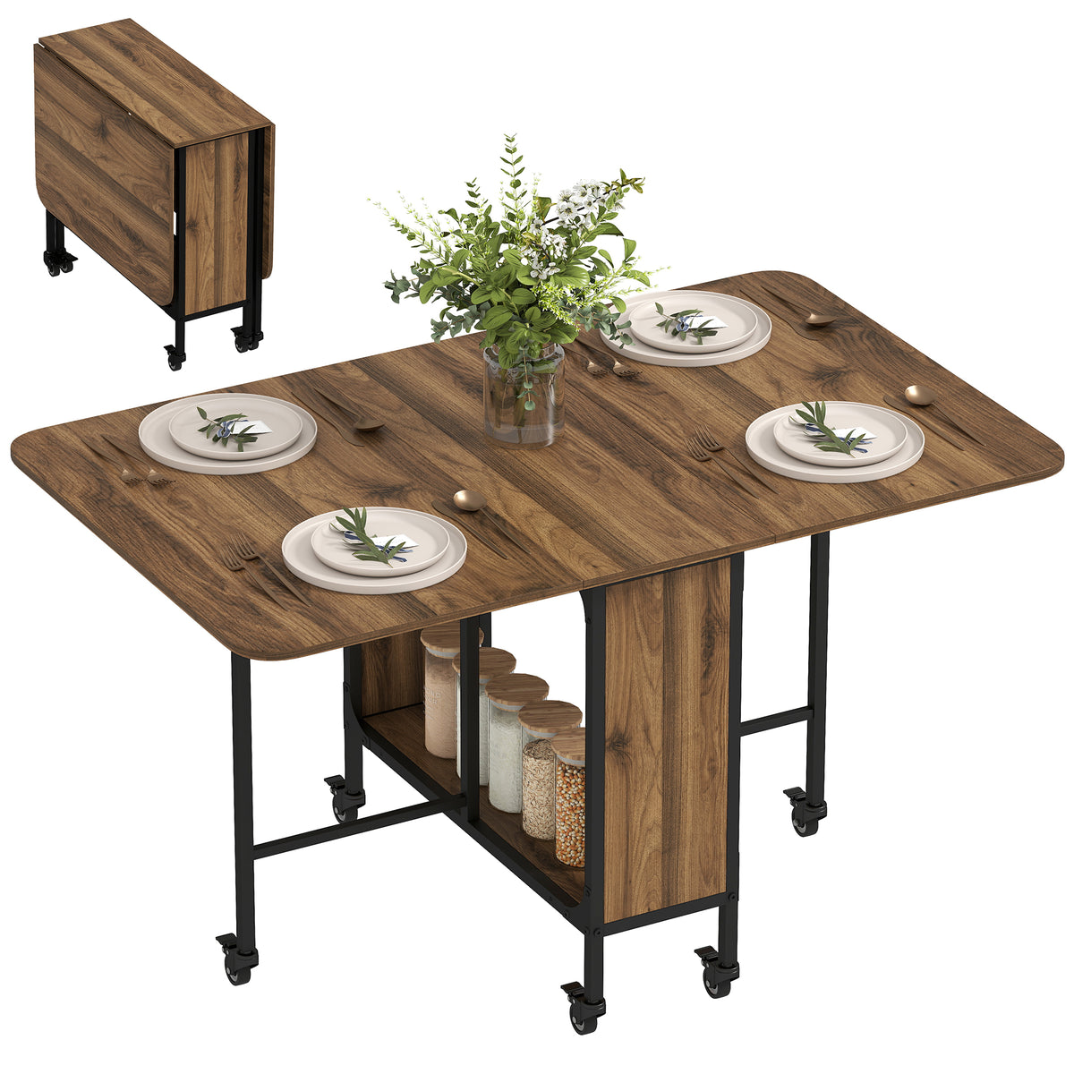 Mesa de comedor plegable extensible con tablero y ruedas