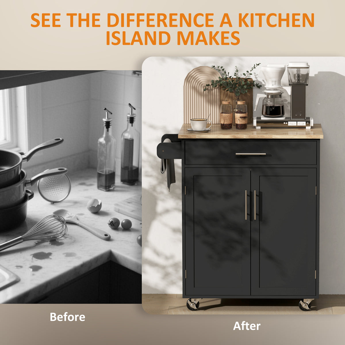 Rolling kitchen island cart with wood top and storage