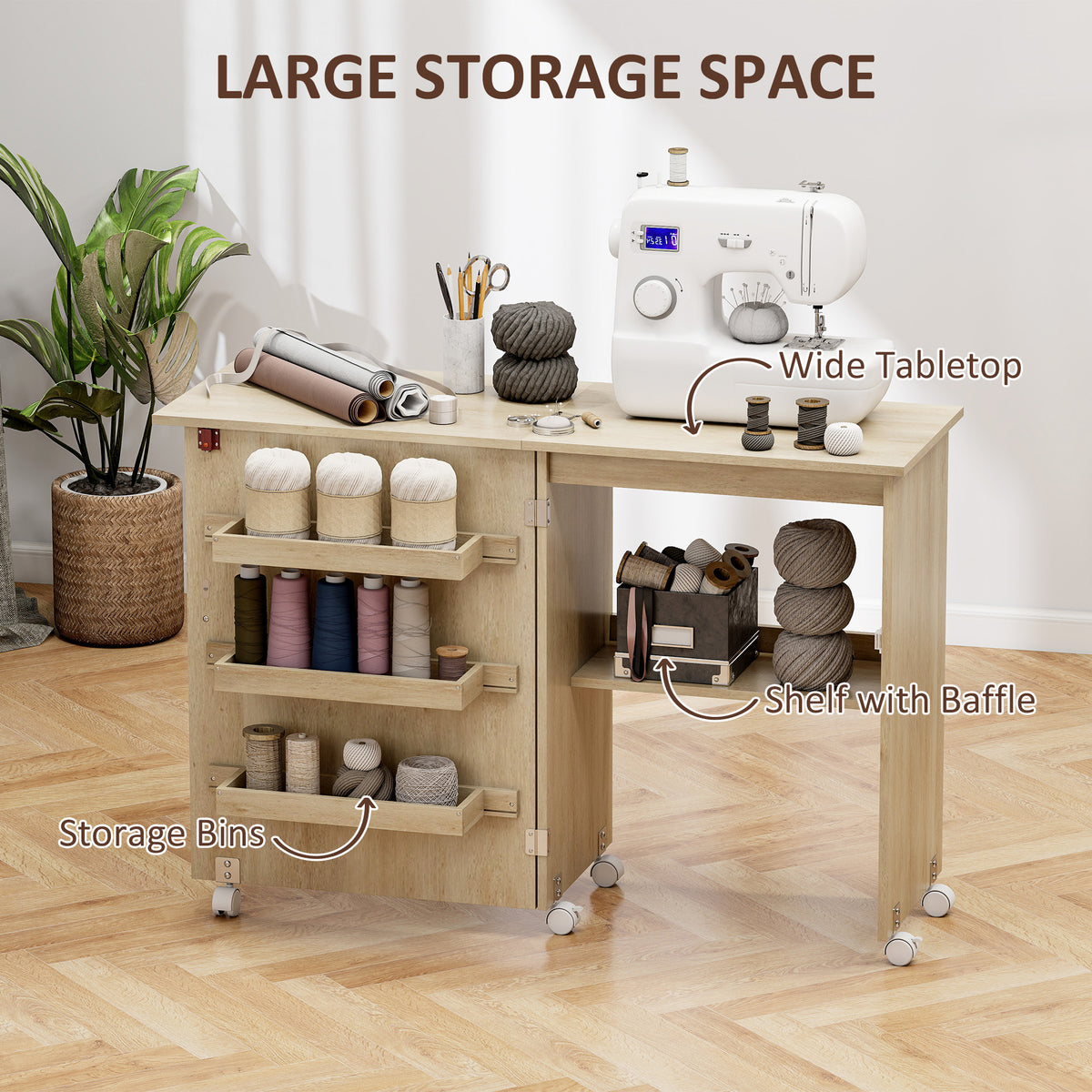 Folding Sewing Cabinet with Storage and Lockable Wheels