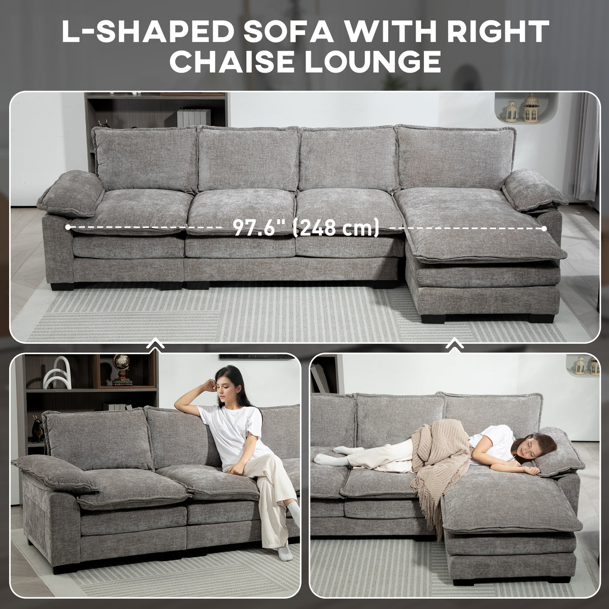 L-shaped Chenille Sofa 120.5 inches with Chaise Lounge