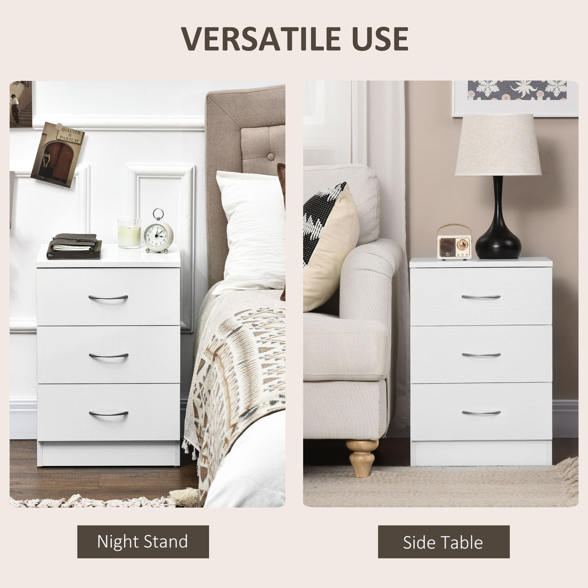 Bedside Table 3 Drawers Modern Design Anti-Tipping