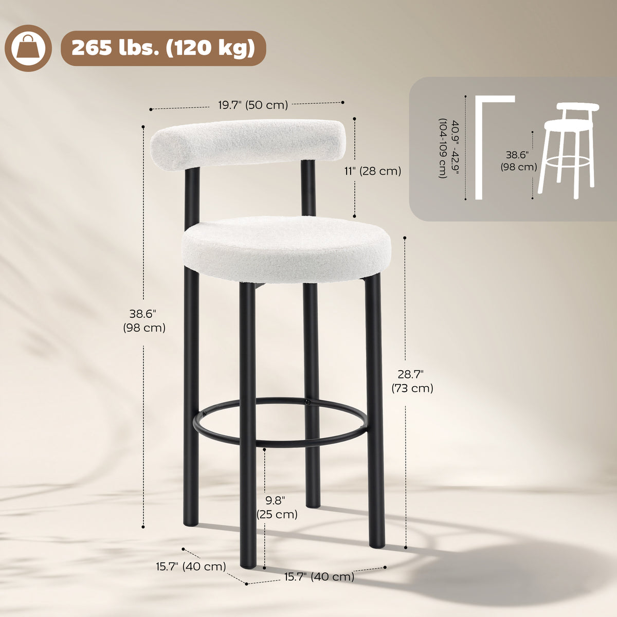 Bar stools sherpa upholstered with backrest set of 2