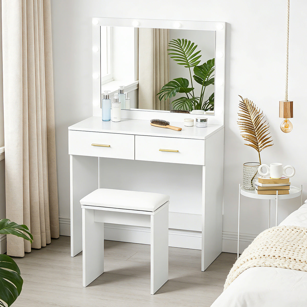 Vanity Desk Set with LED Mirror and Stool