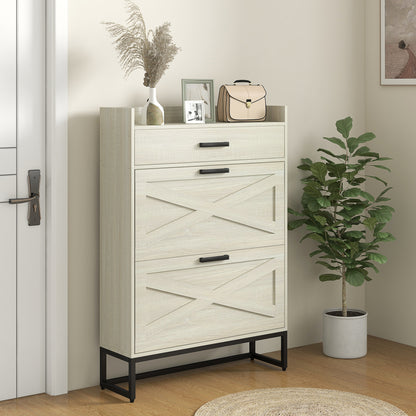 Slim shoe storage cabinet with 2 flip drawers